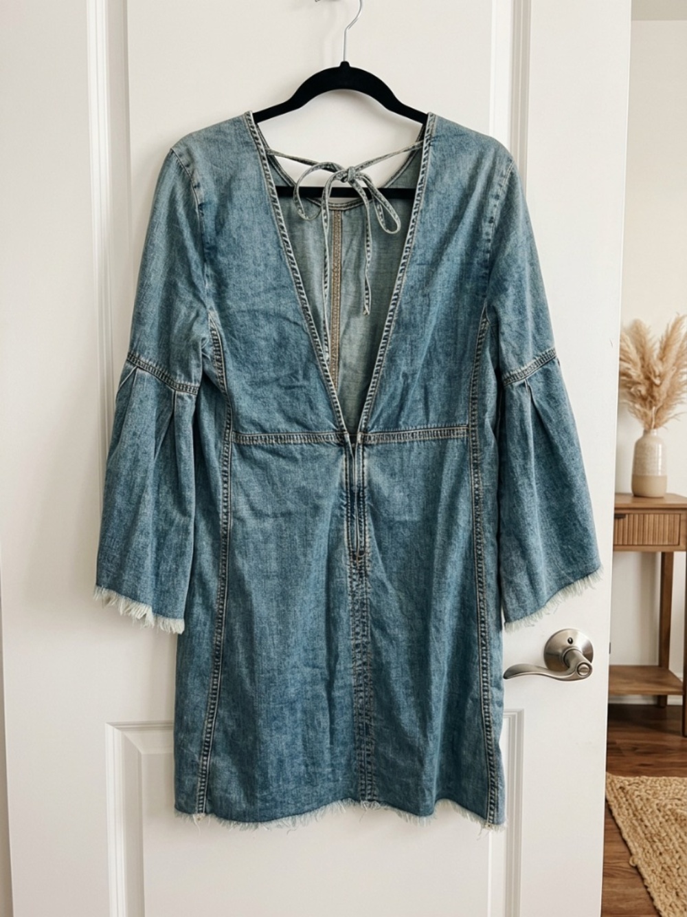 Free People Denim Fringed Raw Hem Flare Backless Dress - Picture 10 of 16